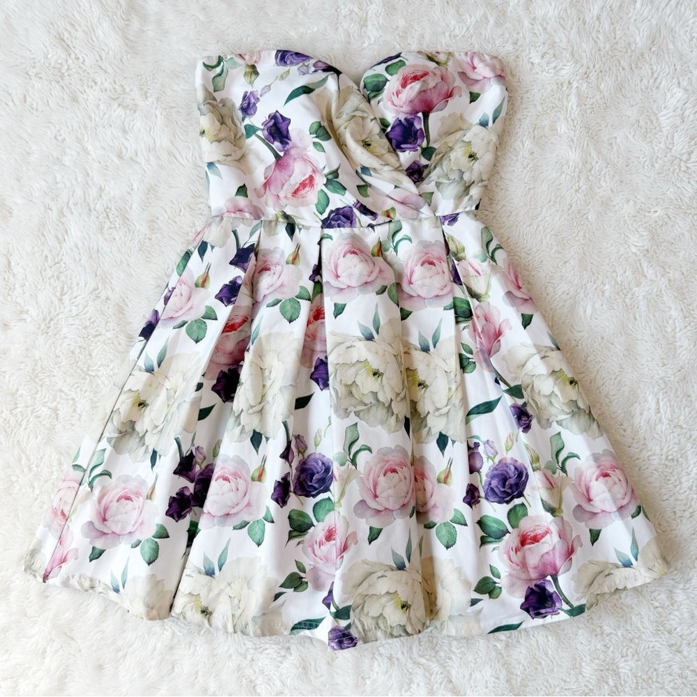 Chelsea Woman Floral Sweetheart Pleated Strapless Babydoll Mini Dress SMALL